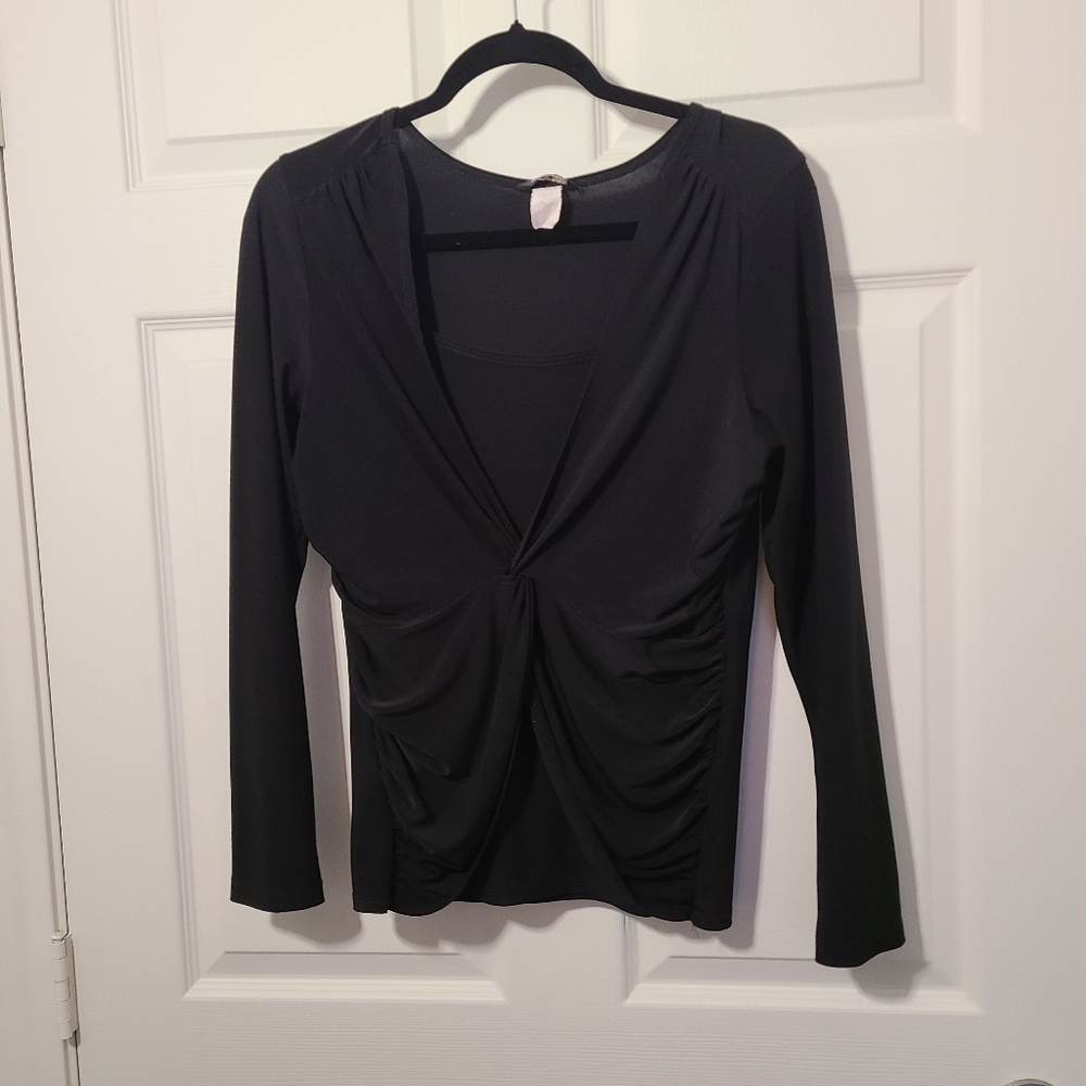 Vintage Y2K 90s Black Long Sleeve Whimsy Goth Fairy Grunge Ruched Top Size XL